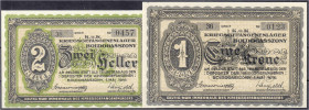 Banknoten
Ausland
Ungarn
Kriegsgefangenenlager Boldogasszony, 2 Scheine zu 2 Heller und 1 Krone 1.5.1916. I-, sehr selten. Campbell. 1325,1327.