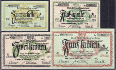 Banknoten
Ausland
Ungarn
Kriegsgefangenenlager Nagymegyer, 4 Scheine zu 20 u. 50 Heller und 2 u. 5 Kronen 1.7.1916. I-, sehr selten. Campbell. 1424...
