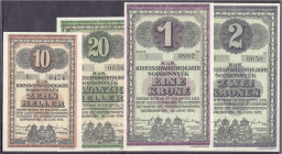 Banknoten
Ausland
Ungarn
Kriegsgefangenenlager Sopronnyek, 4 Scheine zu 10 u. 20 Heller und 1 u. 2 Kronen 16.6.1916. I-, äußerst selten. Campbell. ...