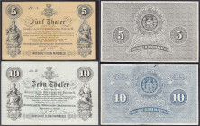 Banknoten
Altdeutschland
Oldenburg (Oldenburg)
4 einseitige Probedrucke der 5 und 10 Thalerscheine vom 1.1.1869 je Vorder- und Rückseite. Die Schei...