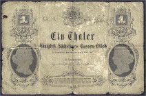 Banknoten
Altdeutschland
Sachsen
1 Thaler Königl. Sächss. Cassen-Billet 2.3.1867. Lit. A. Druck Giesecke & Devrient, Leipzig. V, kl. Fehlstellen, E...