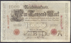Banknoten
Die deutschen Banknoten ab 1871 nach Rosenberg
Deutsches Reich, 1871-1945
1000 Mark 1.7.1898. Serie D, Unterdruckbuchstabe A. III-, etwas...