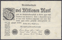 Banknoten
Die deutschen Banknoten ab 1871 nach Rosenberg
Deutsches Reich, 1871-1945
2 Mio. Mark 9.8.1923. Ohne FZ und Wz. Hakensterne. III, oben mi...