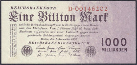 Banknoten
Die deutschen Banknoten ab 1871 nach Rosenberg
Deutsches Reich, 1871-1945
1 Bio. Mark 1.11.1923. KN 8-stellig, Serie D. I-II. Rosenberg 1...
