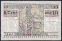 Banknoten
Die deutschen Banknoten ab 1871 nach Rosenberg
Deutsches Reich, 1871-1945
10 Saarmark 1947. Serie T.1. III. Rosenberg 870. Grabowski. SAR...