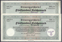 Banknoten
Die deutschen Banknoten ab 1871 nach Rosenberg
Deutsches Reich, 1871-1945
2 Steuerscheine zu 500 Reichsmark 1939. Einlösedatum Dezember 1...