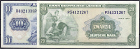 Banknoten
Die deutschen Banknoten ab 1871 nach Rosenberg
Westliche Besatzungszonen und BRD, ab 1948
2 Stück: 10 und 20 Deutsche Mark Serie 1949. Se...