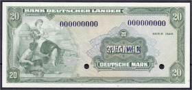 Banknoten
Die deutschen Banknoten ab 1871 nach Rosenberg
Westliche Besatzungszonen und BRD, ab 1948
20 Deutsche Mark Druckprobe 1949 mit dunkelblau...