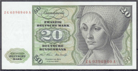 Banknoten
Die deutschen Banknoten ab 1871 nach Rosenberg
Westliche Besatzungszonen und BRD, ab 1948
20 Deutsche Mark Austauschnote 2.1.1970. Serie ...
