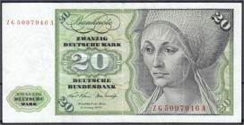 Banknoten
Die deutschen Banknoten ab 1871 nach Rosenberg
Westliche Besatzungszonen und BRD, ab 1948
20 Deutsche Mark Austauschnote 2.1.1970. Serie ...