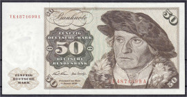 Banknoten
Die deutschen Banknoten ab 1871 nach Rosenberg
Westliche Besatzungszonen und BRD, ab 1948
50 Deutsche Mark Austauschnote 2.1.1970. Serie ...