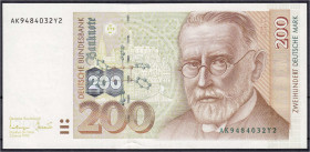 Banknoten
Die deutschen Banknoten ab 1871 nach Rosenberg
Westliche Besatzungszonen und BRD, ab 1948
200 Deutsche Mark 2.1.1996. Serie AK/Y. I-, kl....