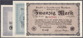 Banknoten
Deutsches Notgeld und KGL
Aachen (Rheinland)
3 Scheine der Stadt zu 5, 10 und 20 Mark 31.10. u. 4.11.1918. II, selten. Geiger. 001.01-03.