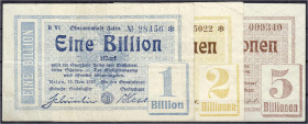 Banknoten
Deutsches Notgeld und KGL
Aalen (Württ.)
3 Scheine der Stadt zu 1, 2 u. 5 Bio. Mark 15.11.1923. 1 u. 5 Bio. Mark Wz. Wellen-Rauten, 2 Bio...