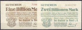 Banknoten
Deutsches Notgeld und KGL
Adorf i. Vogtl. (Sachsen)
2 Scheine der Stadt zu 1 u. 2 Bio. Mark 1.11.1923. Wz. Gitter. II-III, selten. Lindma...
