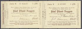 Banknoten
Deutsches Notgeld und KGL
Angermünde (Brandenburg)
Landbundesgenossenschaft, 2 X 5 Pfund Roggen 9.11.1923. Serie K und o. Wz. II-III. Lin...