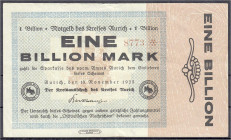 Banknoten
Deutsches Notgeld und KGL
Aurich (Hannover)
Kreis, 1 Bio. Mark 10.11.1923. Mit violettem Fingerabdruck auf Rs. als Echtheitsmerkmal. III,...