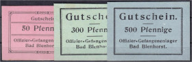Banknoten
Deutsches Notgeld und KGL
Bad Blenhorst (Hannover)
Kriegsgefangenlanger, 3 verschiedene Scheine zu 50, 300 u. 500 Pfg. o.D. II, selten. T...