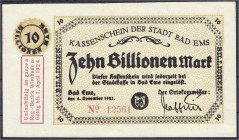 Banknoten
Deutsches Notgeld und KGL
Bad Ems (Hessen-Nassau)
10 Bio. Mark der Stadt, 6.11.1923. Gültig bis. 1.4.1924. Wz. W-Kreuz-Muster. II, kl. Ei...