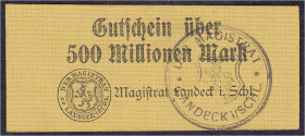 Banknoten
Deutsches Notgeld und KGL
Bad Landeck (Schlesien)
Stadt, 500 Mio. Mark o.D. Karton gelbbraun, Stempel C, Rs. rot. I- Keller 2880b.