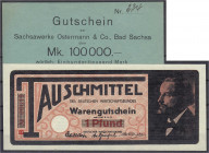 Banknoten
Deutsches Notgeld und KGL
Bad Sachsa (Hannover)
Sachsawerke Ostermann & Co., 100 Tsd. Mark u. Deutscher Wirtschaftsbund Tauschmittel 1 Pf...