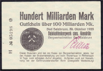Banknoten
Deutsches Notgeld und KGL
Bad Salzbrunn (Schlesien)
Steinkohlebergwerk cons. Abendröte, 100 Mrd. Mark 30.10.1923. Faks. Unterschrift, Ste...
