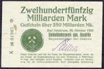 Banknoten
Deutsches Notgeld und KGL
Bad Salzbrunn (Schlesien)
Steinkohlebergwerk cons. Abendröte, 250 Mrd. Mark 30.10.1923. Faks. Unterschrift, Ste...