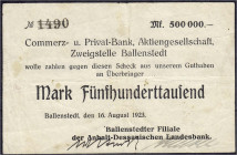 Banknoten
Deutsches Notgeld und KGL
Ballenstedt (Anhalt)
Commerz- und Privatbank, 500 Tsd. Mark 16.8.1923. Scheck auf Ballenstedter Filiale. III- K...