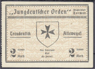 Banknoten
Deutsches Notgeld und KGL
Barmen (Rheinland)
Jungdeutscher Orden, 2 Mark der Bruderschaft Barmen o.D. Spendenschein. I-II, sehr selten. L...