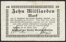 Banknoten
Deutsches Notgeld und KGL
Beeskow (Brandenburg)
Kreisbank, 10 Mrd. Mark 30.10.1923. O. Wz. III-, stockfleckig. Keller 288.b.