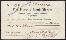 Banknoten
Deutsches Notgeld und KGL
Bentheim (Niedersachsen)
Barmer Bank-Verein, 3 Mio. Mark 17.8.1923. Ohne Wz. III, stockfleckig, selten. Lindman...