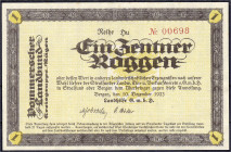 Banknoten
Deutsches Notgeld und KGL
Bergen (Pommern)
Landhilfe G.m.b.H., Pommerscher Landbund, 1 Zentner Roggen 10.12.1923. Wz. Flämmchen. Dieser S...