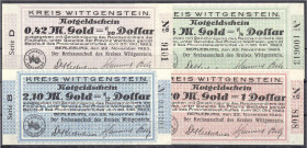 Banknoten
Deutsches Notgeld und KGL
Berleburg (Westfalen)
Kreis Wittgenstein, 4 Scheine zu 0,42, 1,05, 2,10 u. 4,20 GMk 22.11.23. Wz. Streifen und ...