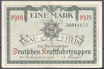 Banknoten
Deutsches Notgeld und KGL
Berlin (Brandenburg)
1 Mark Deutsche Kraftfahrtruppen, 1914-1918, Baustein. III, selten. Lindman 82.