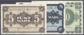 Banknoten
Deutsches Notgeld und KGL
Berlin (Brandenburg)
Treptow, Akt.-Ges. f. Anilin-Fabrikation, 3 Musterr-Scheine zu 5, 10 u. 20 Mark 2.1.1919. ...