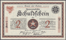 Banknoten
Deutsches Notgeld und KGL
Berlin (Brandenburg)
Bund der Guten: 2 Mk. 10.11.1922, o.WZ, Serie C. I-, sehr selten. Lindman 80.