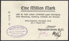 Banknoten
Deutsches Notgeld und KGL
Berlin (Brandenburg)
"Dinos" Automobil-Werke A.G. 1 Mio. Mark 11.8.1923. Mit zwei handschr. Unterschriften, vio...