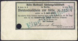 Banknoten
Deutsches Notgeld und KGL
Berlin (Brandenburg)
Köln-Rottweil Aktiengesellschaft, 1 GMk 25.10.23. Graues Papier, Wz. Kreuzblumen, auf gelo...