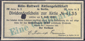 Banknoten
Deutsches Notgeld und KGL
Berlin (Brandenburg)
Köln-Rottweil Aktiengesellschaft, 1 GMk 25.10.23. Graues Papier, Wz. Kreuzblumen, auf gelo...