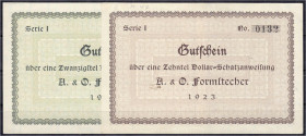 Banknoten
Deutsches Notgeld und KGL
Berlin (Brandenburg)
A & O Formstecher, 2 Gutscheine zu 1/10 u. 1/20 Dollar-Schatzanweisung 1923. Ohne Hu. Wz. ...