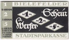 Banknoten
Deutsches Notgeld und KGL
Bielefeld (Westfalen)
Scheinwerfer-Heft, Nr. 815 mit 10 X 1, 5 X 2 und 6 X 5 Mark = 50 Mark komplett. Mit Außen...