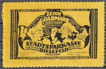 Banknoten
Deutsches Notgeld und KGL
Bielefeld (Westfalen)
10 Goldmark 15.12.1923, gelber Samt, mit Zackenrand. II. Grabowski. 112b.
