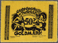 Banknoten
Deutsches Notgeld und KGL
Bielefeld (Westfalen)
50 Goldmark 15.12.1923, gelber Samt, mit Zackenrand. I- Grabowski. 115c.