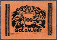 Banknoten
Deutsches Notgeld und KGL
Bielefeld (Westfalen)
100 Goldmark 15.12.1923, orangeroter Samt, mit Zackenrand. I-II. Grabowski. 116b.