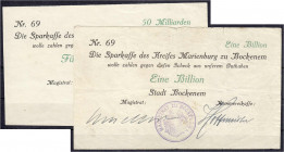 Banknoten
Deutsches Notgeld und KGL
Bockenem (Han)
Stadt, 50 Mrd. u. 1 Bio Mark o.D. III-IV, Einrisse, selten. Lindman B039.