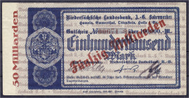 Banknoten
Deutsches Notgeld und KGL
Bodenwerder (Hannover)
Niedersächsische Landesbank A.-G., 50 Mrd. Mark Überdruck auf 100 Tsd. Mark o.D. II-, se...