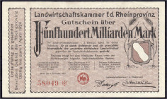 Banknoten
Deutsches Notgeld und KGL
Bonn (Rheinland)
Landwirtschaftskammer f.d. Rheinprovinz, 500 Mrd. Mark 1.11.1923. Gültig bis 1.4.1924. Wz. Dre...