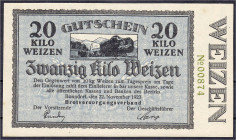 Banknoten
Deutsches Notgeld und KGL
Bonndorf (Baden-Württemberg)
Brotversorgungsverband, 20 Kilo Weizen 22.11.1923. Wz. Frauenkopfmuster. Dieser Sc...
