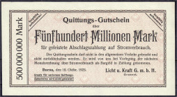 Banknoten
Deutsches Notgeld und KGL
Borna (Sachsen)
Licht u. Kraft G.m.b.H., 500 Mio. Mark 10.10.1923. Ohne Wz. Nicht bei Keller gelistet. II, sehr...