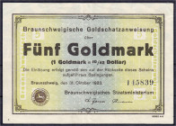 Banknoten
Deutsches Notgeld und KGL
Braunschweig (Niedersachsen)
Braunschweigisches Staatsministerium, 5 GMk 31.10.23. Wz. Ovalmuster und mit KN. I...
